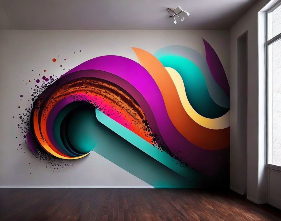 Colorful 3D street art-style mural of spiral wave with splattered dots