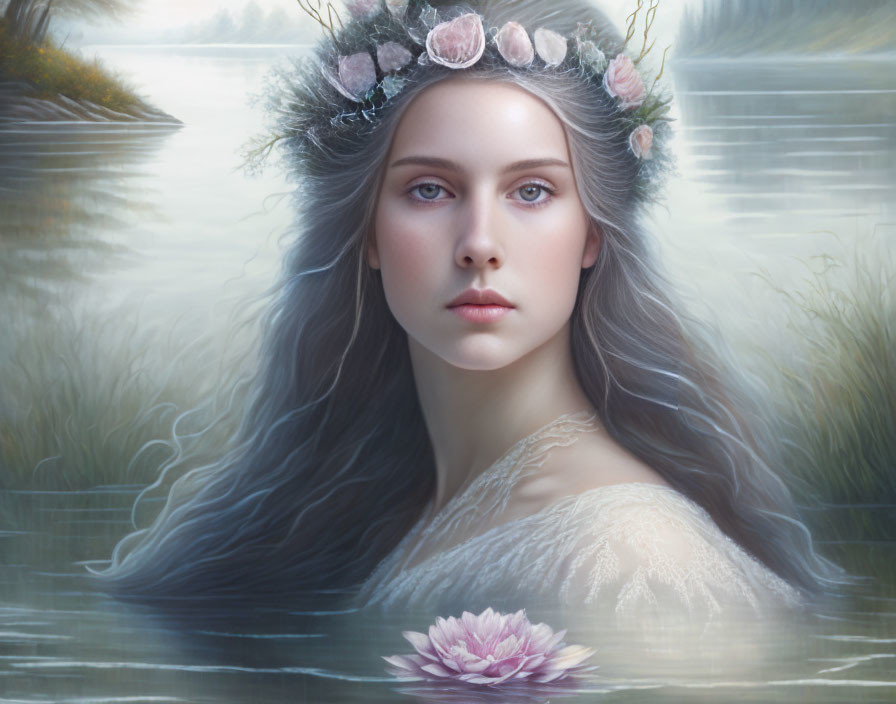 Woman with Floral Crown in Tranquil Water Setting