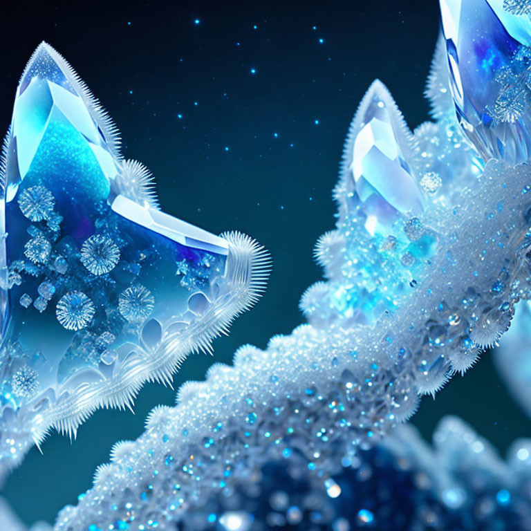 Detailed digital artwork of crystalline structures on deep blue background