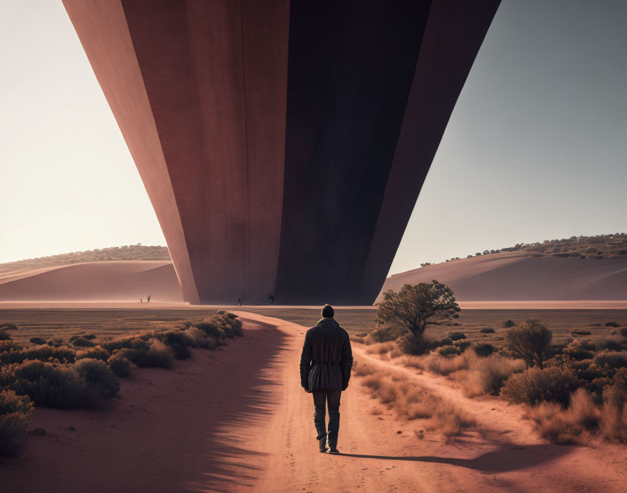 Desert road scene with person walking towards monolithic structure