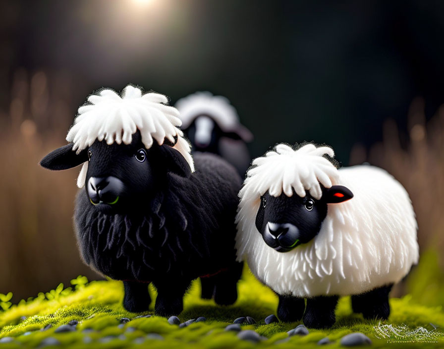 Black-faced and white-bodied toy sheep on green surface with blurred background