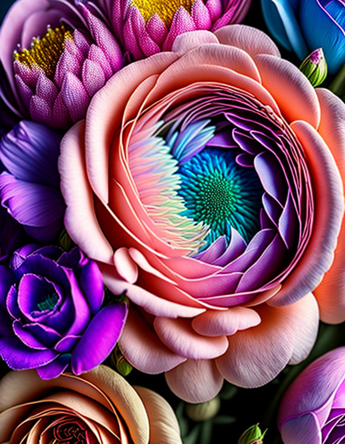 Colorful Flower Bouquet with Fractal-Like Patterns in Pinks, Purples, and