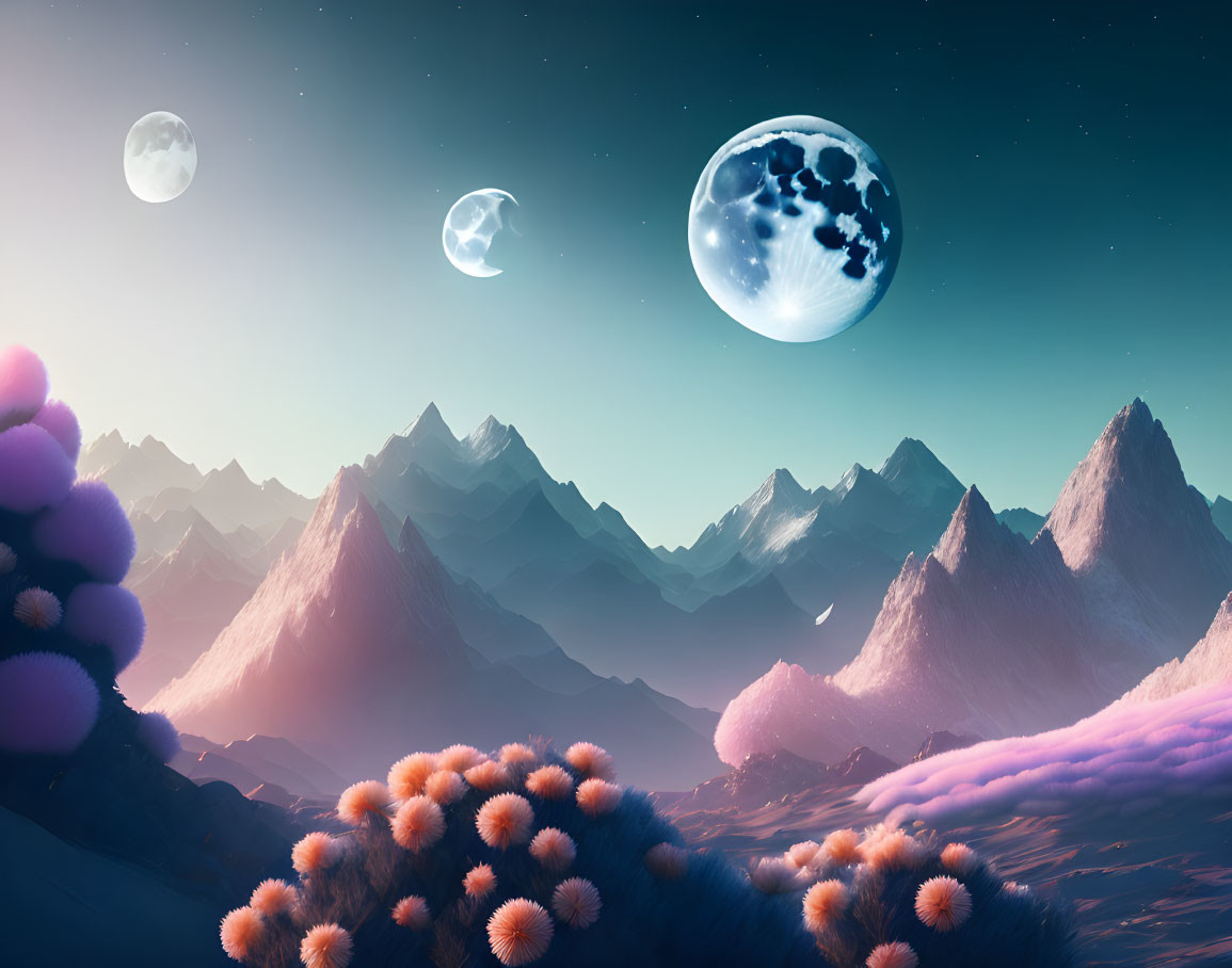 Surreal landscape with purple flora, mountain peaks, and three moons