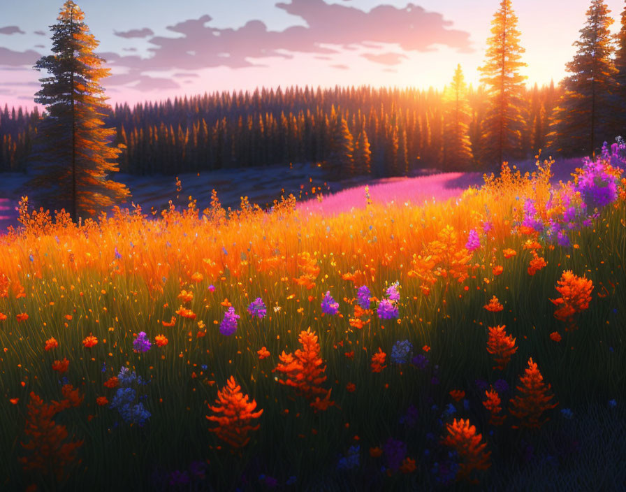 Scenic sunset landscape with orange and purple wildflowers and pine trees