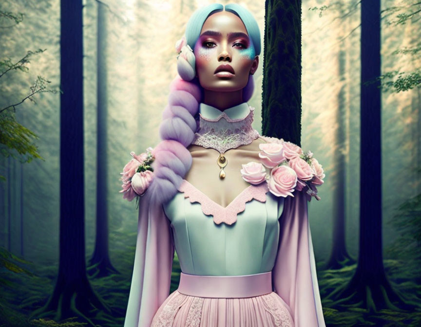 Surreal portrait: Woman with purple hair in Victorian dress in ethereal forest