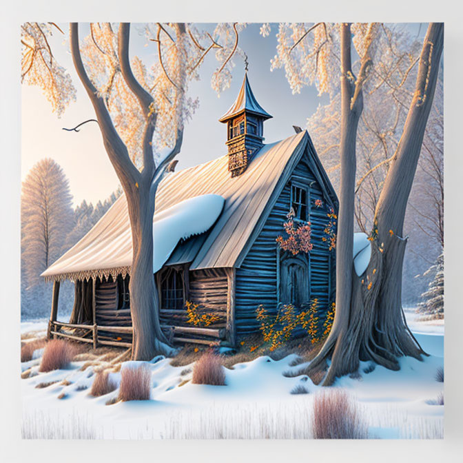 Blue Wooden Chapel in Snowy Landscape with Sunlight