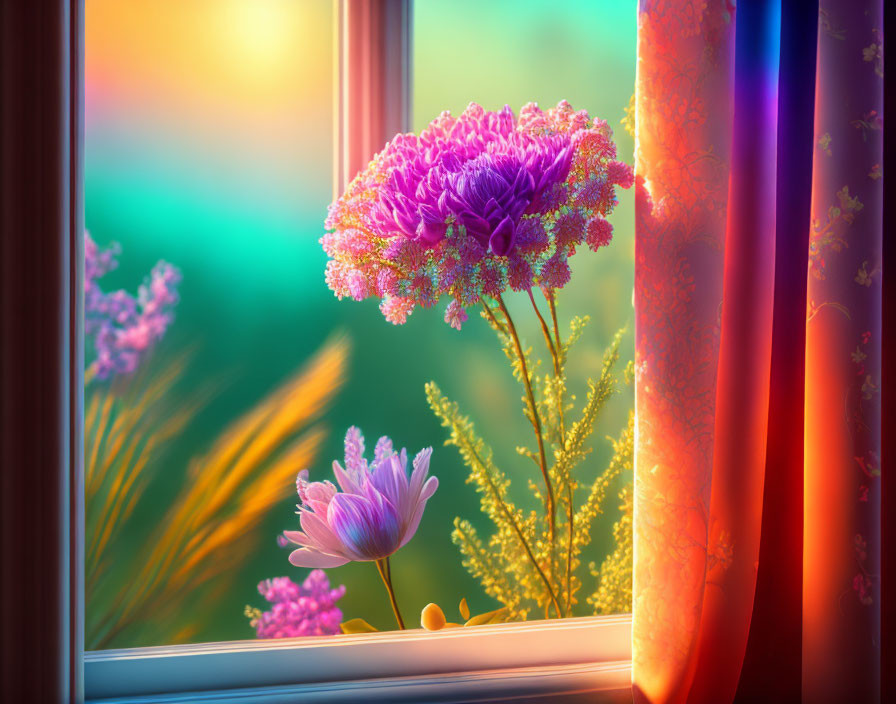 Colorful Flowers on Windowsill with Sheer Curtains in Soft Light