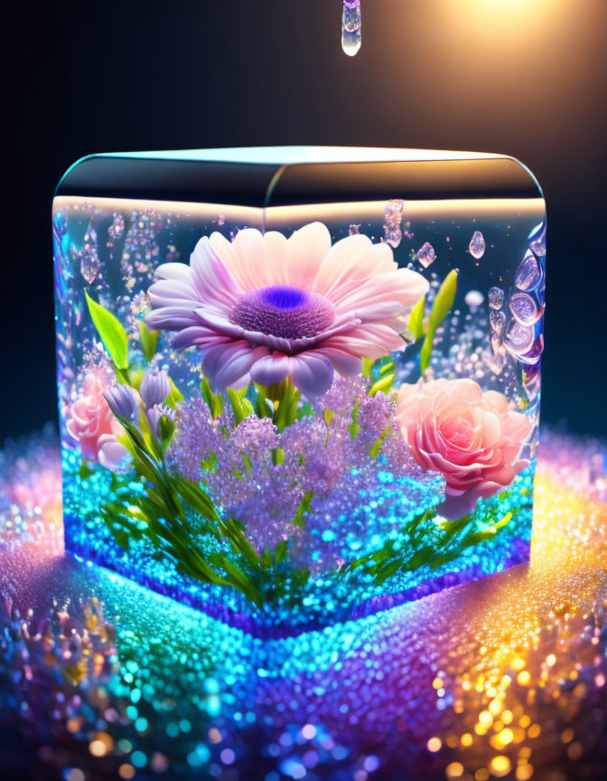 Colorful surreal image: cube with flowers and water drop on sparkling background