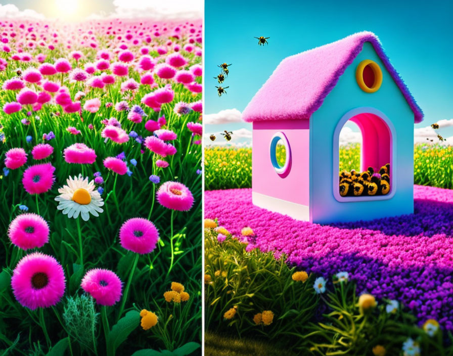 Split-image: Pink flowers field under blue sky & whimsical pink house with bees on grassy kn