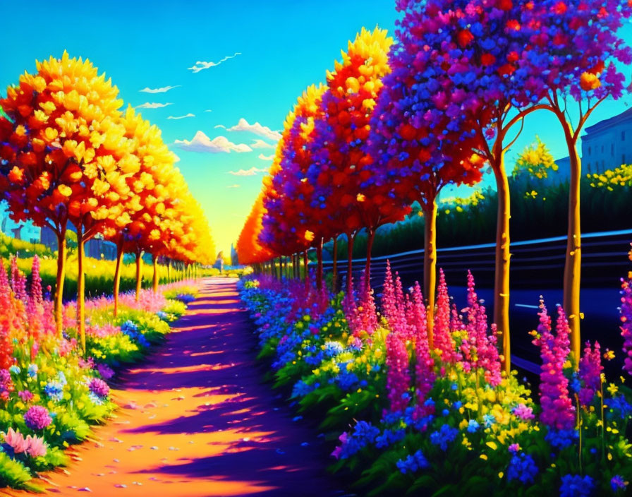 Colorful Flowering Trees Along Vibrant Pathway