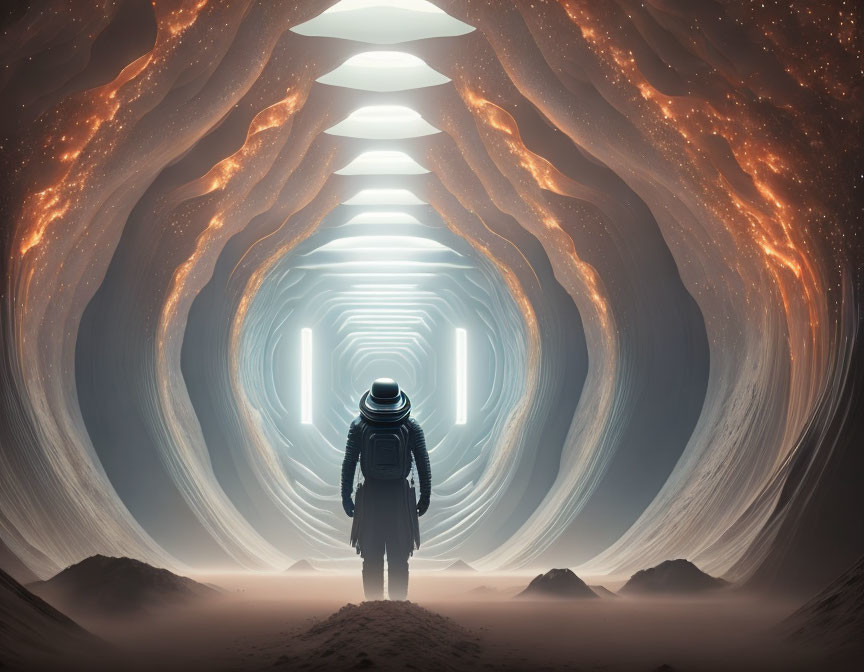 Astronaut in cavernous tunnel with glowing lights and rocky terrain.