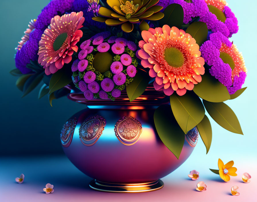 Colorful 3D-rendered flower bouquet in decorative vase on gradient backdrop