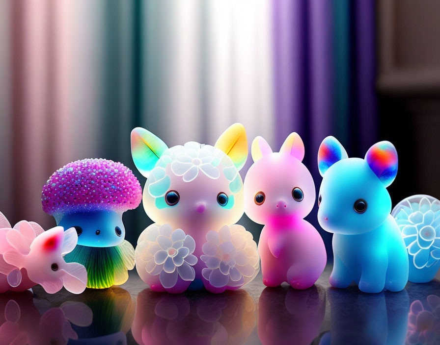 Colorful Neon Toy Creatures Against Floral Textures and Curtains