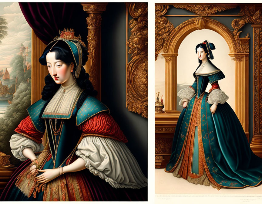 Stylized digital artwork of woman in Renaissance attire with Eastern and Western fusion