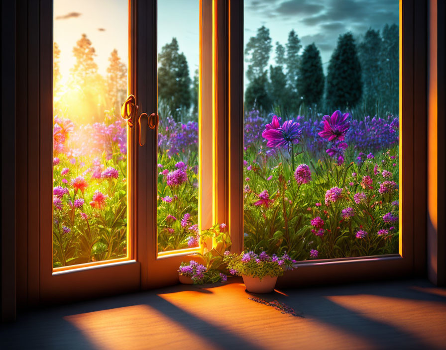 Scenic sunset view through open window with purple flowers and vase