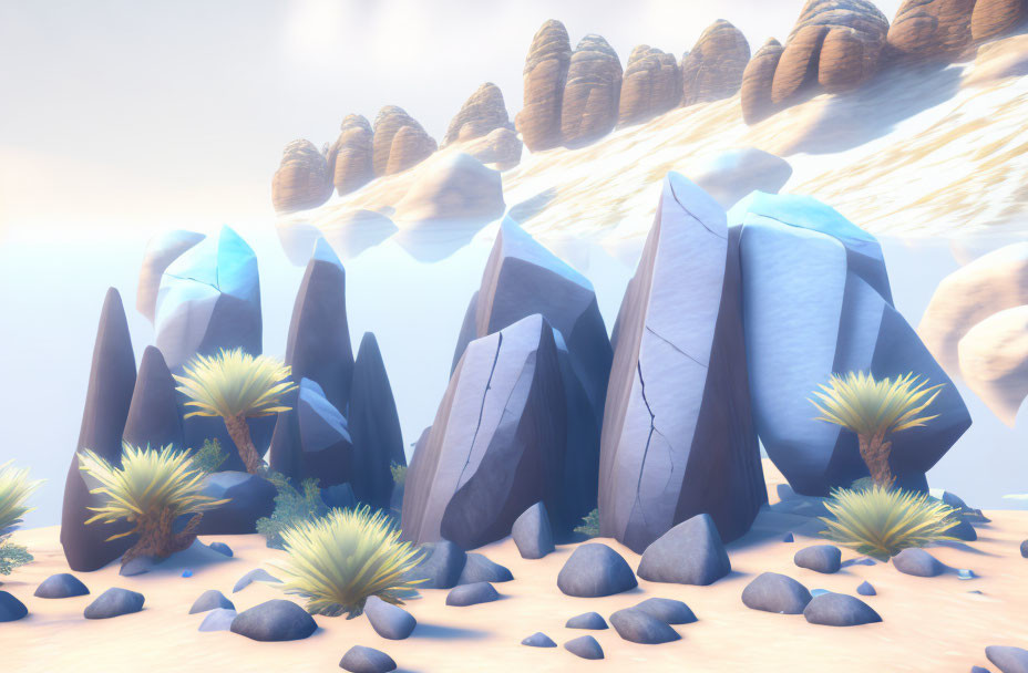 Stylized landscape with blue rocks, floating stones, and soft glowing atmosphere