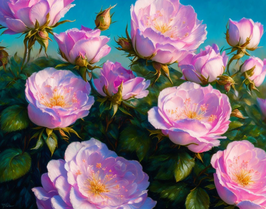 Pink Roses Painting on Teal Blue Background