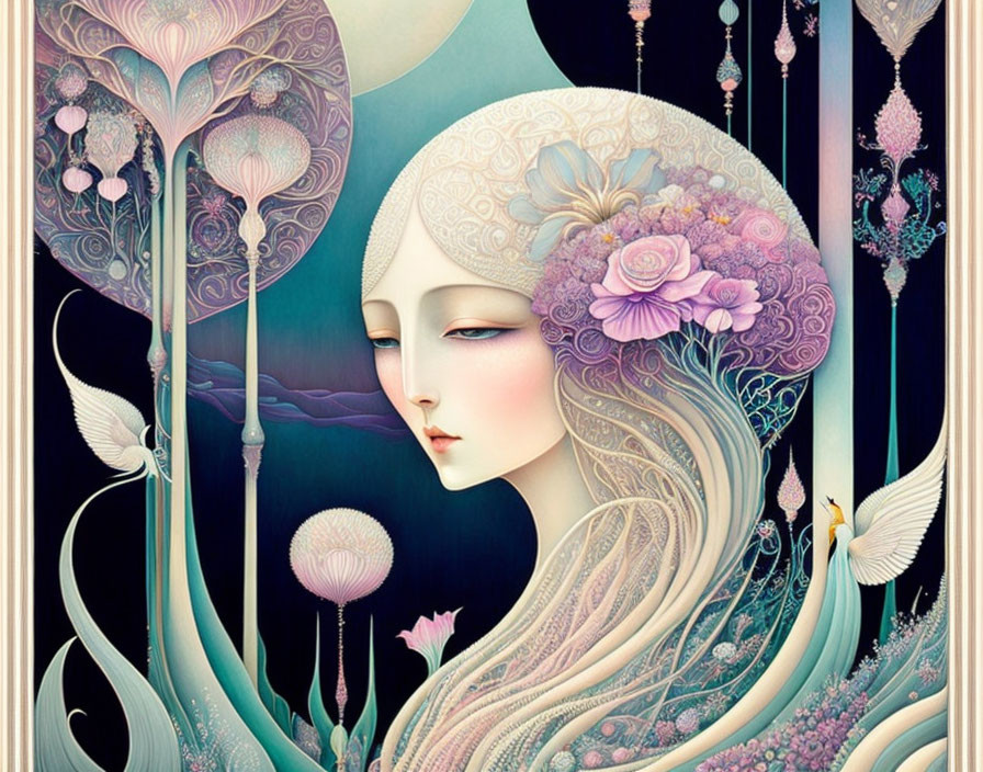 Whimsical woman with floral hair in pastel fantasy scene