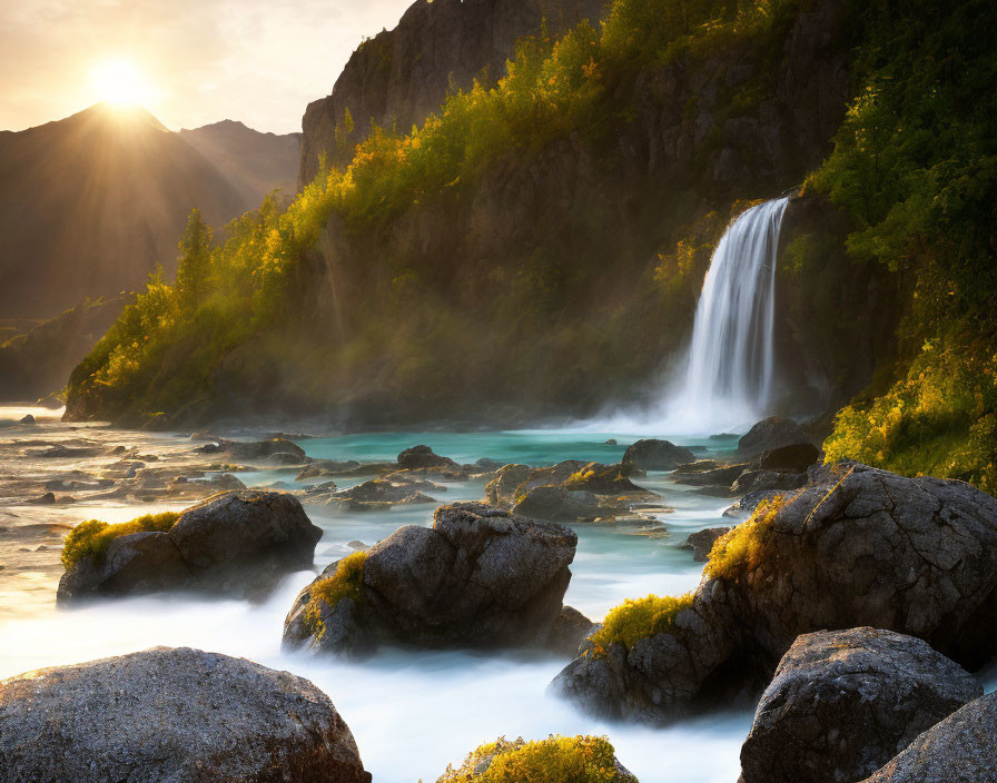 Tranquil waterfall cascading into misty river at sunset