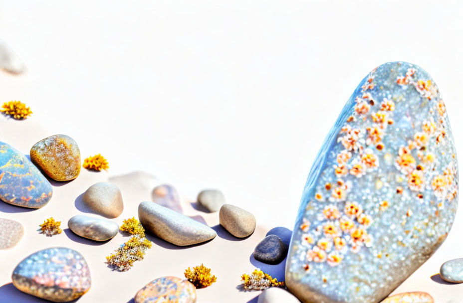 Arrangement of smooth pebbles and yellow flowers on light background