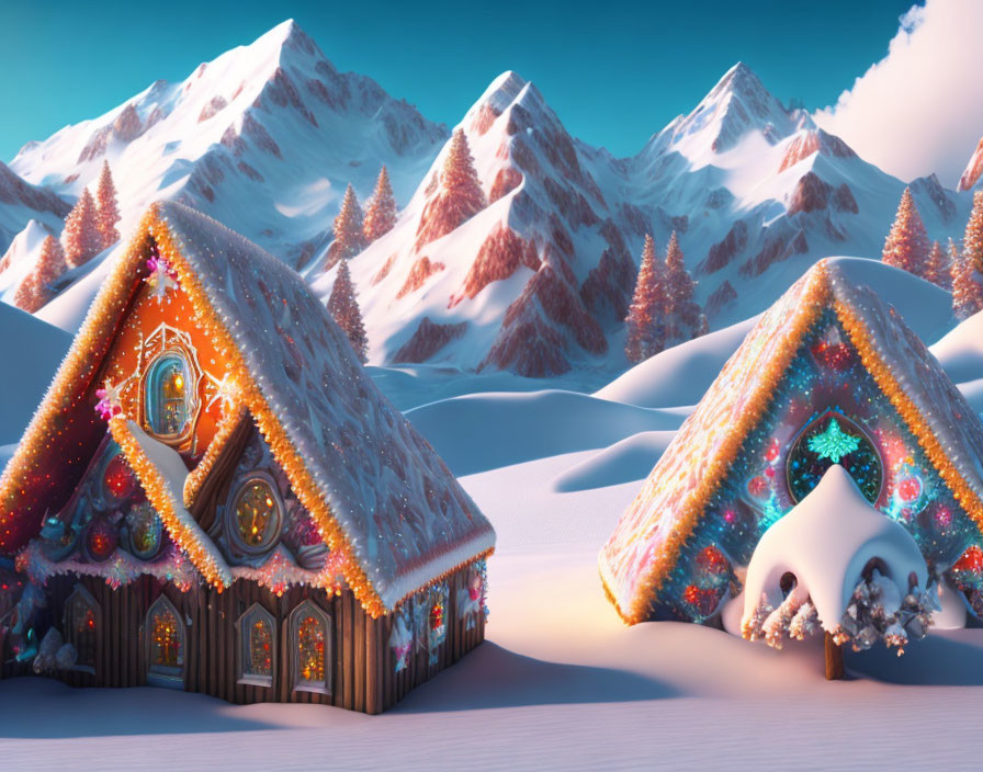 Snowy landscape with intricately decorated gingerbread houses and mountains.