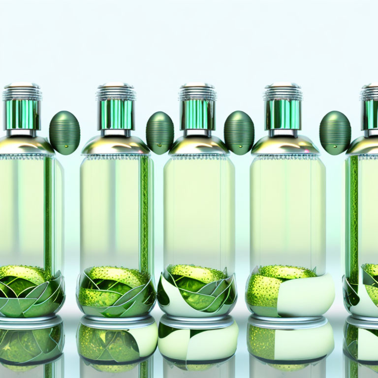 Six Clear Glass Bottles with Silver Caps and Green Leaves on Reflective Surface