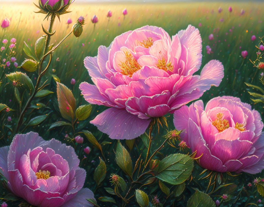 Beautiful Pink Peonies Blooming at Sunrise