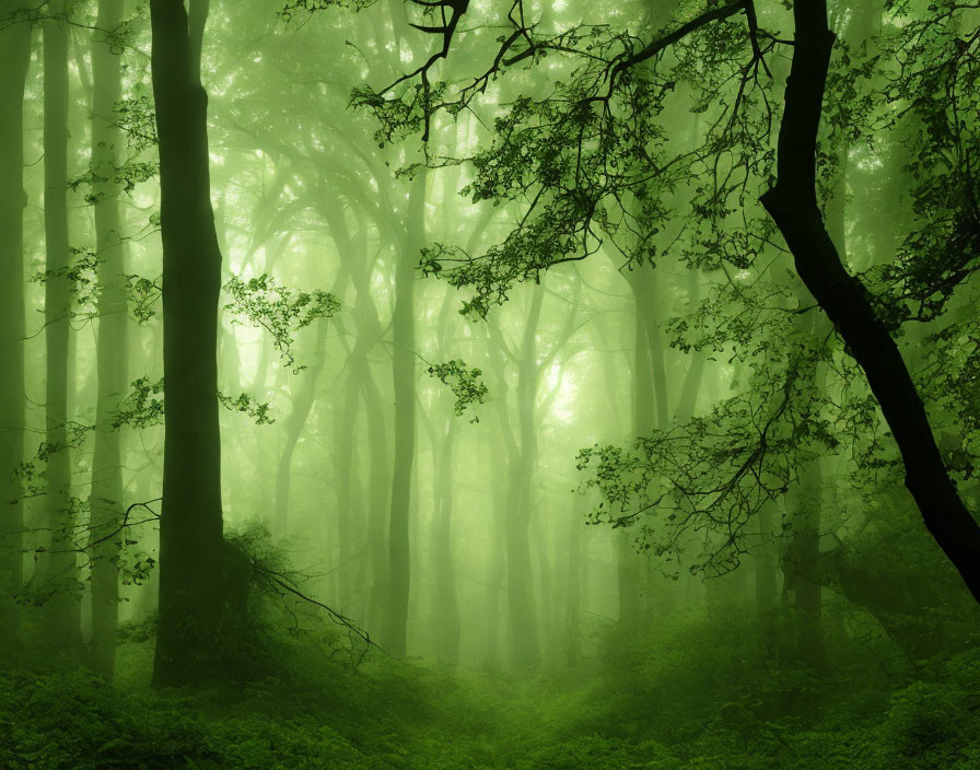 Misty green forest with sprawling trees and fresh leaves