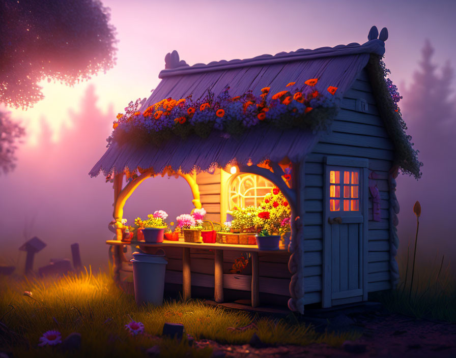 Whimsical cottage illustration at twilight with glowing window