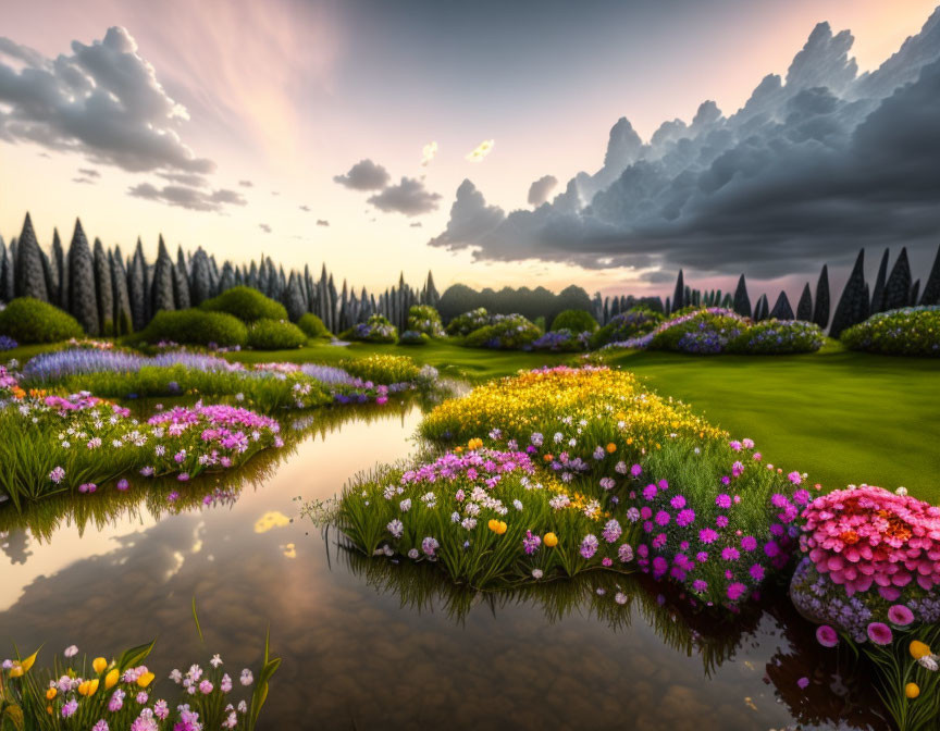 Tranquil dusk landscape with reflective water and lush greenery