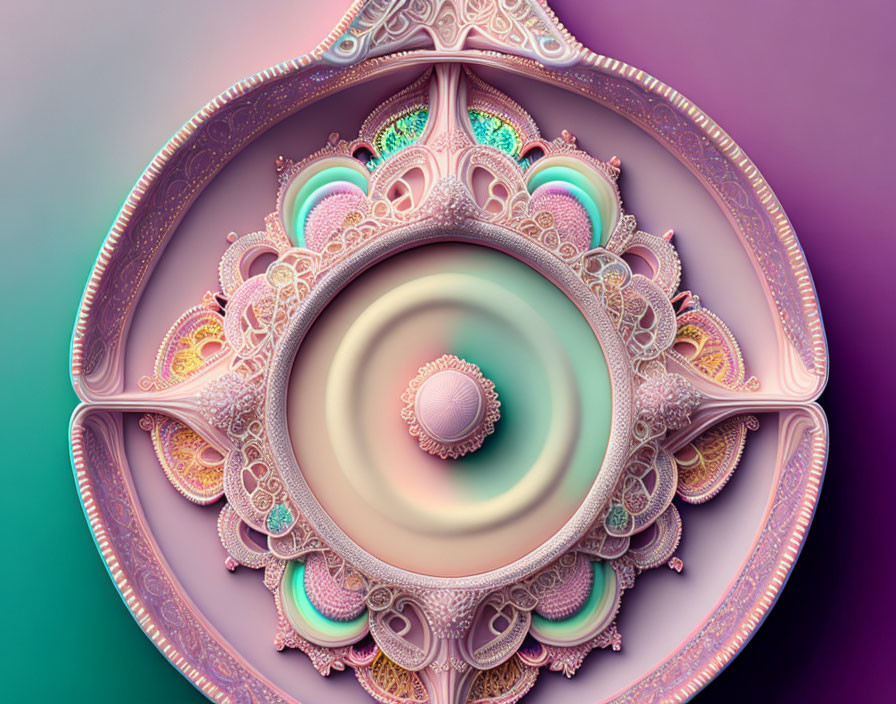 Intricate digital fractal image with pastel colors and symmetrical spiraling design