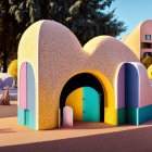 Vibrant 3D landscape: stylized buildings, pastel hues, soft textures, desert