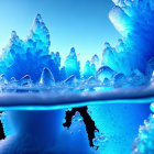 Tranquil digital art: Blue ice crystals and water droplets in serene landscape