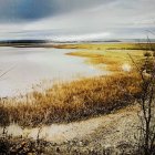 Colorful Landscape Painting with Lake, Mountains, Autumn Foliage, and Clear Skies