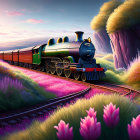 Vintage Green Steam Train in Colorful Countryside Scene