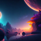 Fantastical landscape with glowing rock formations and serene lake under twilight sky