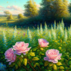 Vibrant pink roses and lush greenery in sunlit field landscape