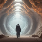 Astronaut in cavernous tunnel with glowing lights and rocky terrain.