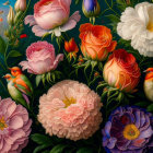 Colorful Still Life Featuring Roses, Cosmos, Greenery, and Bird