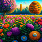 Colorful landscape with fantastical trees and diverse flowers under surreal sky