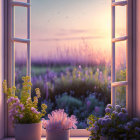 Purple sunset sky view from window with white and pink flowers