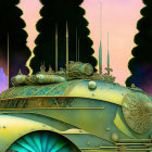 Fantasy tank illustration with elaborate designs on gradient sky