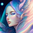 Surreal female figure with vibrant blue eyes and swirling pastel hair in starry setting