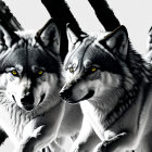 Grayscale wolf illustrations with yellow eyes on striped background