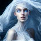 Pale Woman with Blue Eyes and White Hair in Sheer Fabric on Dark Background