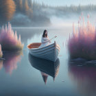 Tranquil lake scene with wooden boat and misty forest reflection