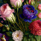 Colorful Floral Tapestry with Roses, Peonies, Foliage, and Birds