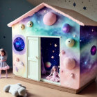 Cosmic-themed dollhouse with planets, stars, and fantasy figurines