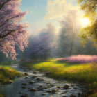 Tranquil Cherry Blossom Landscape with Stream and Wildflowers