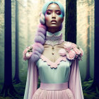 Surreal portrait: Woman with purple hair in Victorian dress in ethereal forest